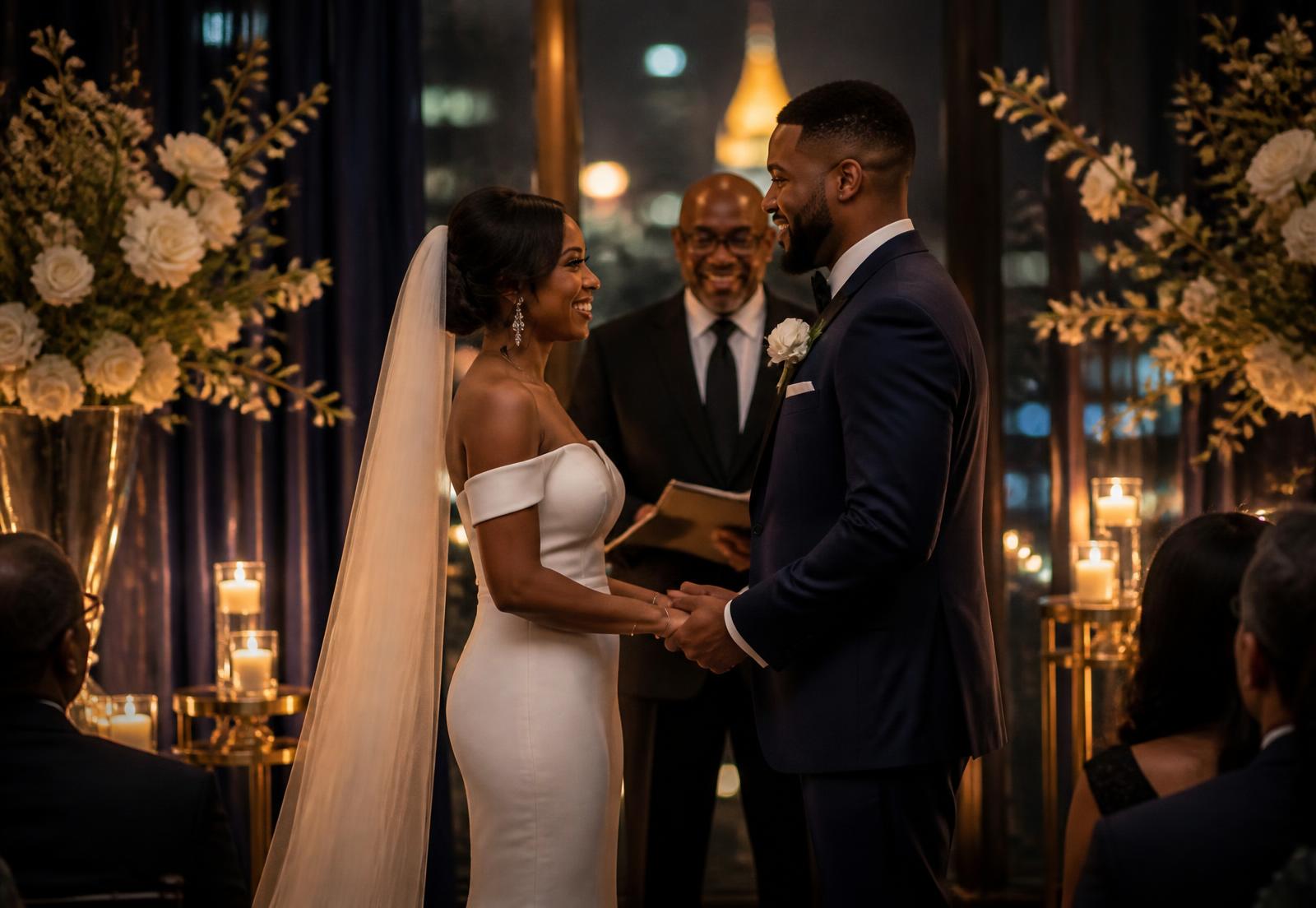 Couple exchanging vows at a candlelit Atlanta wedding ceremony